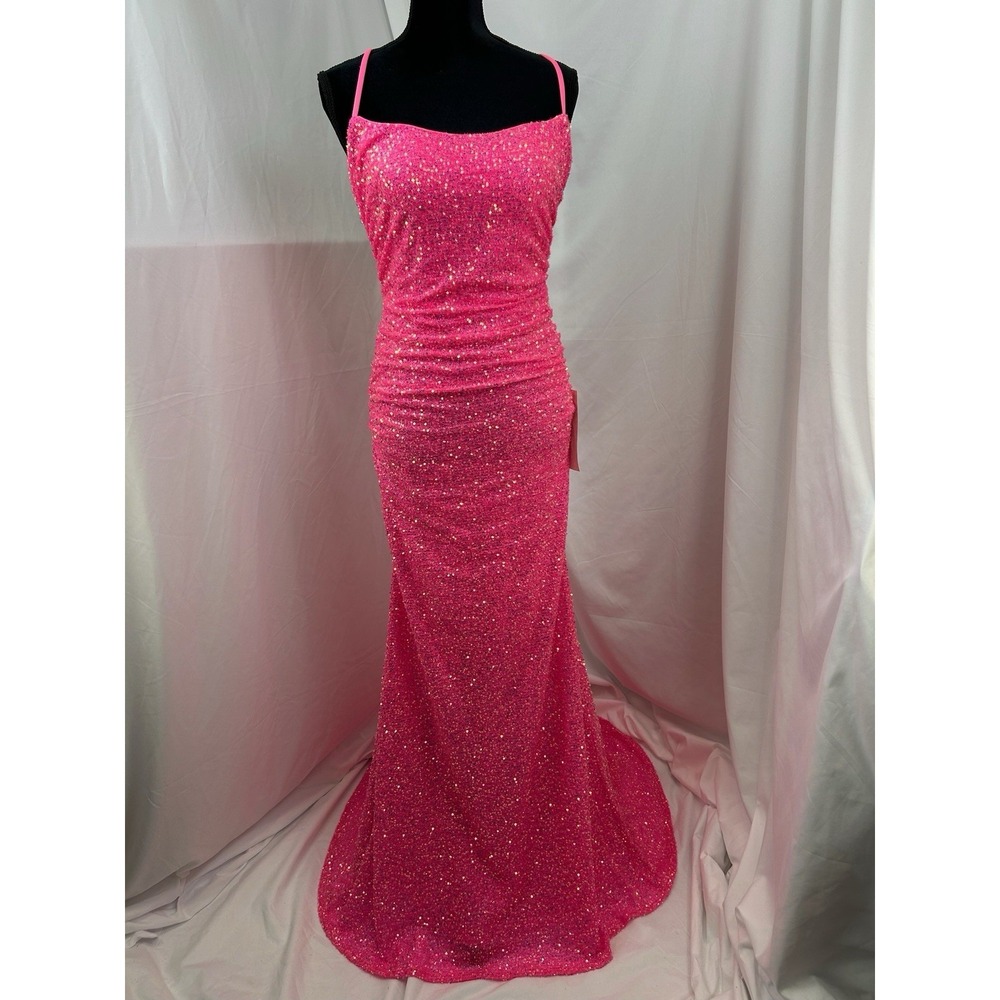 La Femme Hot Pink Sequin Prom‎ Dress Sz 8 Fitted Glam Formal Gown